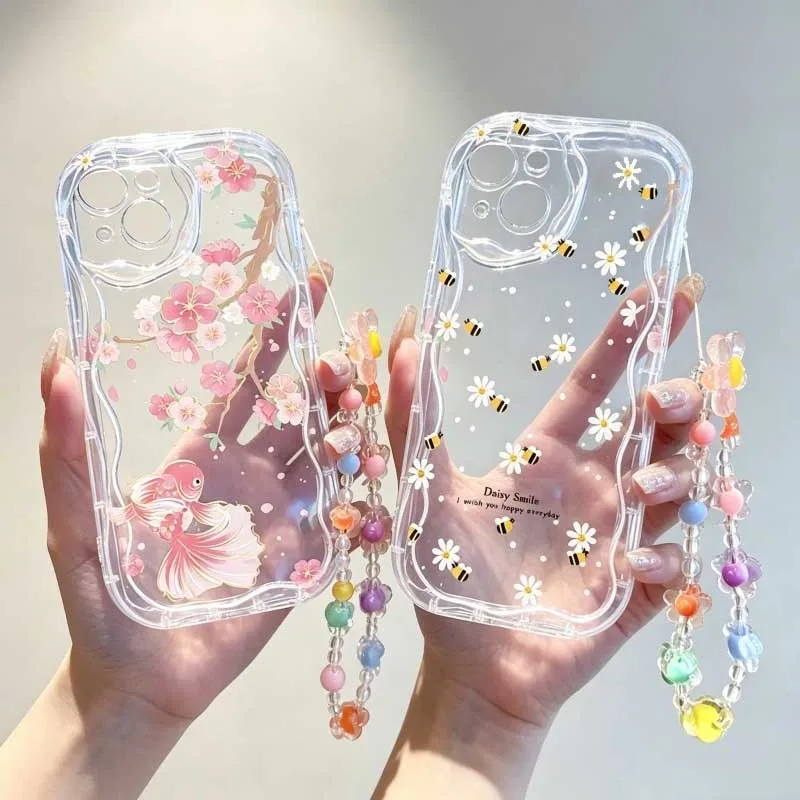 귀여운 미소 모양의 꿀벌과 꽃이 그려진 손목 스트랩 케 - Cute Cartoon Wrist Strap Silicone Case 리뷰 및 가격